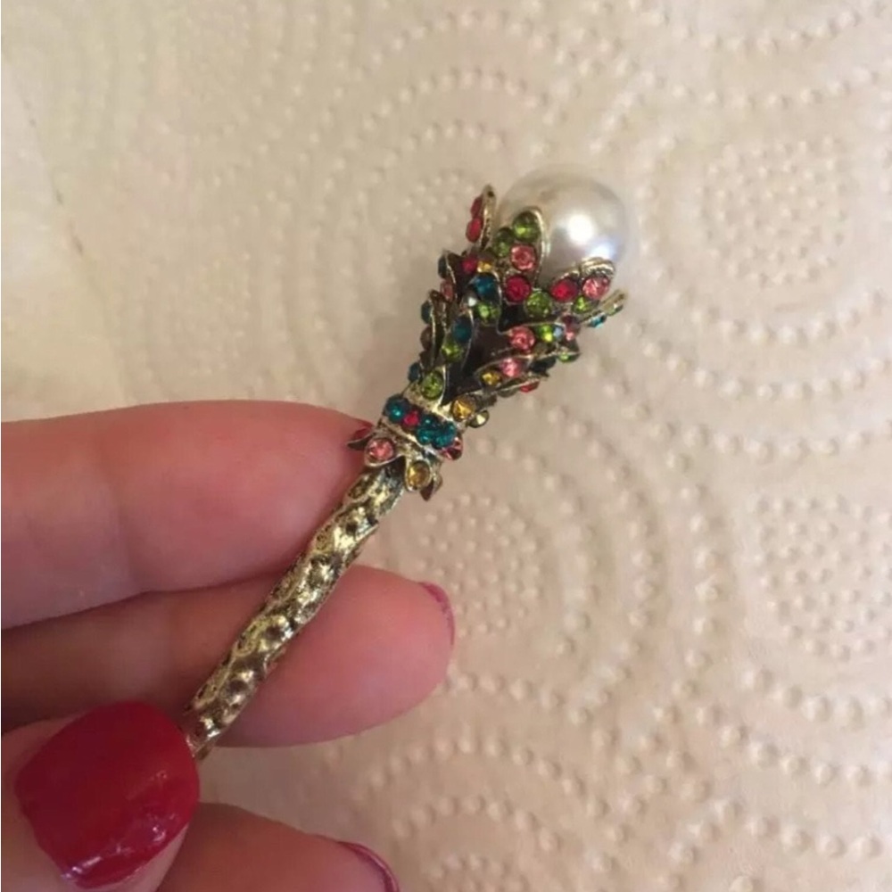 Elegant Gold Hair Stick with Pearl and Multicolor Accents Hairpin Bride Jewelry - Picture 2 of 6